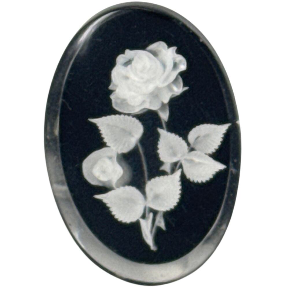 Vintage 60s Brooch Gem-Tone Handcarved Black with White Roses